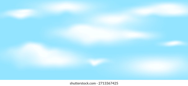 Cielo azul, nubes esponjosas blancas sobre fondo azul brillante del cielo. Horizonte de gradiente de malla.