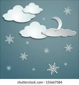 blue sky, white snow clouds, paper stickers cast shadows winter and moon