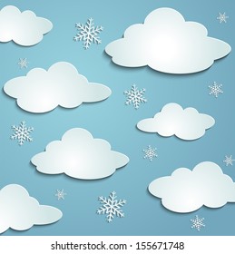 blue sky, white snow clouds, paper stickers cast shadows winter