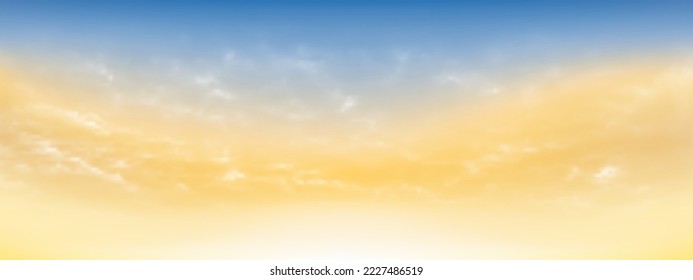 El cielo azul y las nubes blancas blandas flotaron en el cielo en un día despejado. Hermoso aire y luz solar con el paisaje de la nube colorido. El cielo del atardecer como fondo. Ilustración vectorial de cielo azul a amarillo.