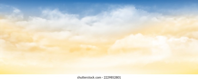 Blue sky and white soft clouds floated in the sky on a clear day. Beautiful air and sunlight with cloud scape colorful. Sunset sky for background. Blue to yellow sky vector illustration.