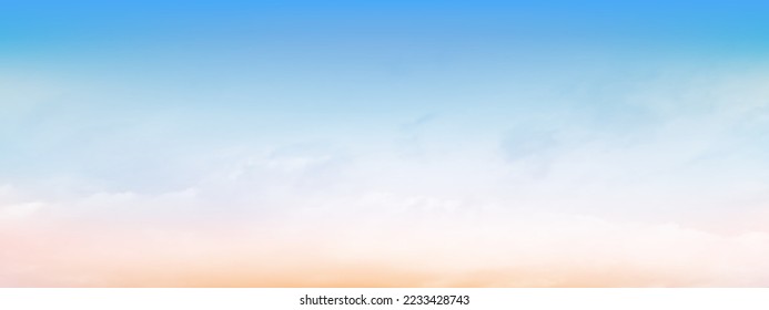 Blauer Himmel und weiße weiche Wolken schweben an einem klaren Tag im Himmel. Schöne Luft und Sonnenlicht mit Cloud scape bunt. Sonnenuntergang Himmel auf Hintergrund. Blau bis orangefarbener Hintergrund, Vektorgrafik.