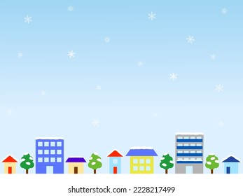 Blue sky in winter with dancing snow and cityscape background with snow