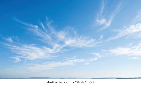 Blue Sky With Wispy White Clouds Over Distant Mountain Horizon
