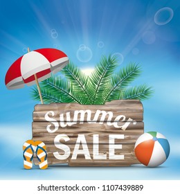 Blue sky with wooden board on the beach with the text Summer Sale. Eps 10 vector file.