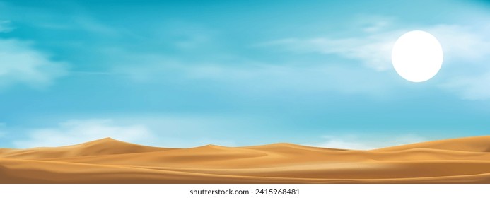 Blaue Himmel-, Wolken- und Wüstenlandschaft mit Sand Dunes im heißen Sonnentag Sommer, Panoramablick-Morgenwelt mit braunem Sand-Textur,Konzept für Reisen oder Frühling,Sommerwerbung