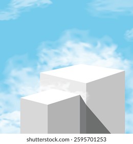 Blue Sky,Cloud with white podium for product. Empty podium for product display on Sky Background.