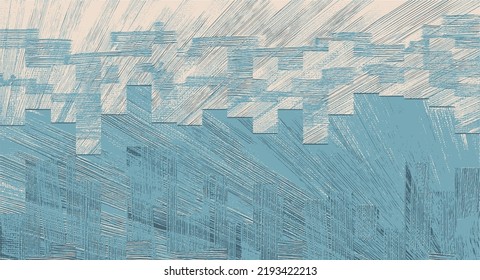 Blue skyline pattern, geometric urban abstraction, brush strokes