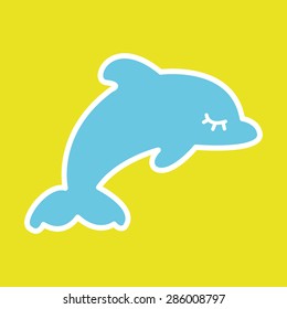 Blue sleeping dolphin graphic on green background.