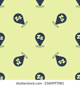 Blue Sleepy icon isolated seamless pattern on yellow background. Sleepy zzz black talk bubble.  Vector