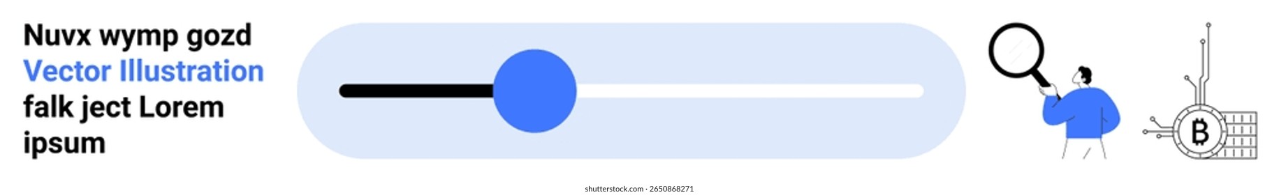 Blue slider control beside a person analyzing a chart with a magnifying glass. Ideal for business analytics, data visualization, UIUX design, presentations, software development, market research