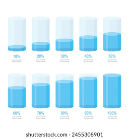 Plantilla de barras de la tabla delgada azul, conjunto de infografía claro simple del 10%-100%. Info gráfico diseño plano interfaz ilustración Elementos para App ui ux Web Anuncio Botón Vector aislado sobre fondo oscuro