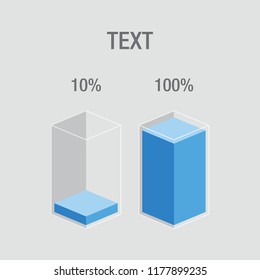 Blue slim histogram glass bars. 10% 100% numbers & text. Flat design illustration inforchart infographic elements for app ui ux web banner button vector isolated on white background