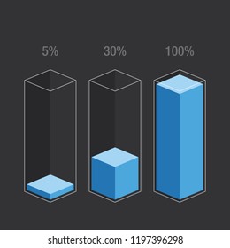 Blue slim histogram glass bars 5% 30% 100% number text. Flat design interface illustration inforchart infographic elements for app ui ux web banner button vector isolated on black background