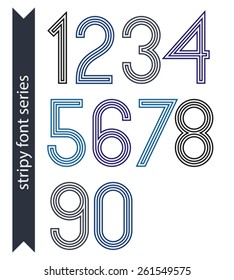 Blue slim numbers, single color delicate digits with triple lines isolated on white background. Standard stripy digits with rounded corners.