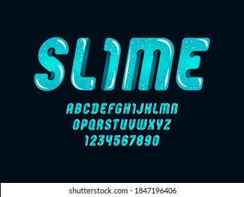 Blue slime font, cute alphabet in the cartoon style, italic rounded letters from A-Z and numbers from 0-9 for you designs: logo, t-shirt, card, poster, vector illustration 10EPS