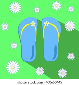 Blue slippers on chamomile meadow flat style vector illustration, camomile and grass slippers summer concept, freedom and easy of summer holiday, vacation time easy wear, blue sandals in countryside