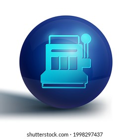 Icono de la máquina tragamonedas azul aislado en fondo blanco. Botón de círculo azul. Vector
