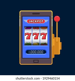 Blue slot machine on mobile phone wins lucky jackpot vector illustration