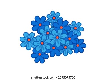 Blaue kleine Blumen mit dunklem Umriss. Vektorgrafik im Kinderstil. Einzeln lustige Clipart-Kunst auf weißem Hintergrund. Frische Blumenmuster.