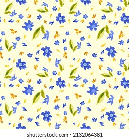 Blue small flowers and green leaves on a yellow background. Seamless floral watercolor background. Vector illustration.