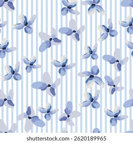 Blue small flowers, striped background. Vector seamless pattern. Cute floral print. Spring illustration. Nature garden plants