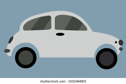 Blue small gray retro hipster vintage antique two-door car, hatchback on a blue background. Vector illustration