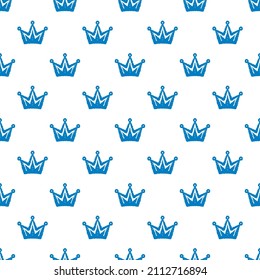 Pequeñas coronas azules de tinta aisladas en un fondo blanco. Patrón monocromo monocromo real sin soldadura. Dibujo gráfico plano vectorial simple a mano. Textura.