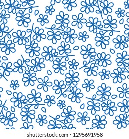 Blue small leaves and flowers on white background in a seamless repeat pattern