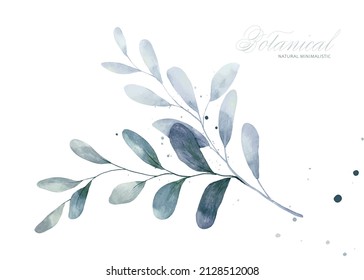 Blue small leaves watercolor painting isolated on white background. Suitable for Wedding Invitation, save the date, wall decorate, or greeting card.
