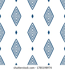 Blue small linear rhombuses isolated on white background. Geometric monochrome seamless pattern. Vector flat graphic hand drawn illustration. Texture.