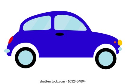 Blue small old retro hipster vintage antique two-door car, hatchback on a white background. Vector illustration