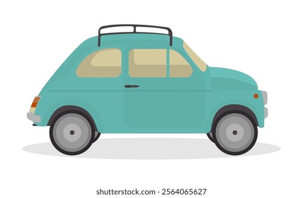 Blue Small Retro Car, Isolated On White Background. Vector Illustration