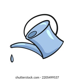 Blue small watering can with water droplets, watering plants, vector illustration in cartoon style on a white background