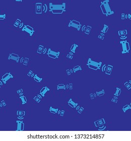Blue Smart car alarm system icon isolated seamless pattern on blue background. The smartphone controls the car security on the wireless. Vector Illustration