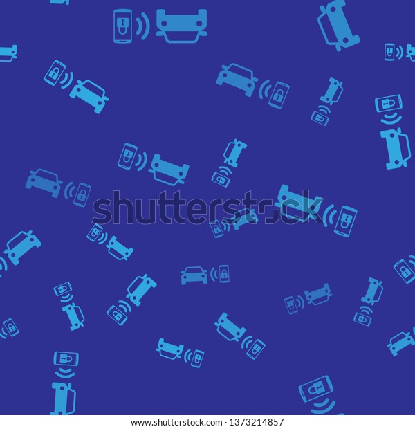 Blue Smart car alarm system\
icon isolated seamless pattern on blue background. The smartphone\
controls the car security on the wireless. Vector\
Illustration