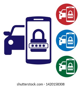 Blue Smart car security system icon isolated on white background. The smartphone controls the car security on the wireless. Set color icon in circle buttons. Vector Illustration