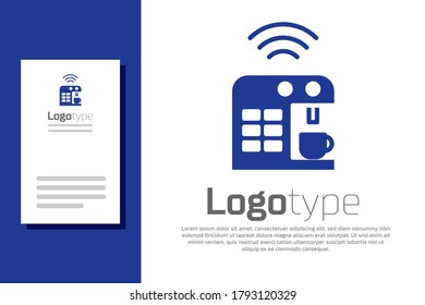 Blue Smart coffee machine system icon isolated on white background. Internet of things concept with wireless connection. Logo design template element. Vector