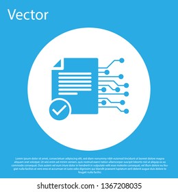 Blue Smart contract icon isolated on blue background. Blockchain technology, cryptocurrency mining, bitcoin, altcoins, digital money market. White circle button. Flat design. Vector Illustration