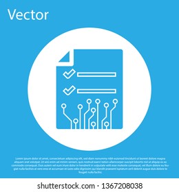 Blue Smart contract icon isolated on blue background. Blockchain technology, cryptocurrency mining, bitcoin, altcoins, digital money market. White circle button. Flat design. Vector Illustration