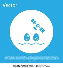 Blue Smart farm with drone control and tree icon isolated on blue background. Innovation technology for agricultural company. White circle button. Vector Illustration