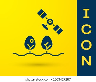 Blue Smart farm with drone control and tree icon isolated on yellow background. Innovation technology for agricultural company.  Vector Illustration