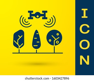 Blue Smart farm with drone control and tree icon isolated on yellow background. Innovation technology for agricultural company.  Vector Illustration