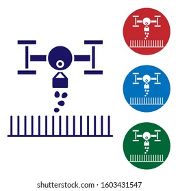 Blue Smart farm with drone control for seed planting icon isolated on white background. Innovation technology for agricultural company. Set color icons in circle buttons. Vector Illustration