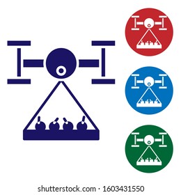 Blue Smart farm with drone control collects harvest icon isolated on white background. Innovation technology for agricultural company. Set color icons in circle buttons. Vector Illustration