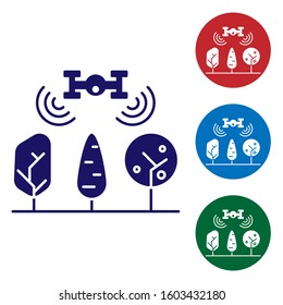 Blue Smart farm with drone control and tree icon isolated on white background. Innovation technology for agricultural company. Set color icons in circle buttons. Vector Illustration