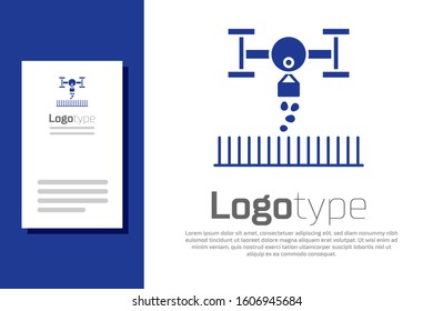 Blue Smart farm with drone control for seed planting icon isolated on white background. Innovation technology for agricultural company. Logo design template element. Vector Illustration