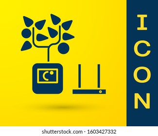 Blue Smart farming technology - farm automation system in app icon isolated on yellow background.  Vector Illustration