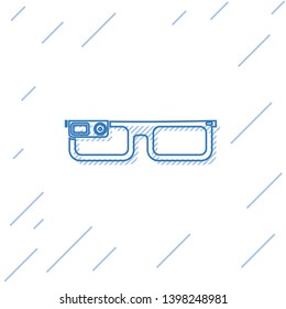 Blue Smart glasses mounted on spectacles line icon isolated on white background. Wearable electronics smart glasses with camera and display. Vector Illustration