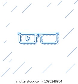 Blue Smart glasses mounted on spectacles line icon isolated on white background. Wearable electronics smart glasses with camera and display. Vector Illustration